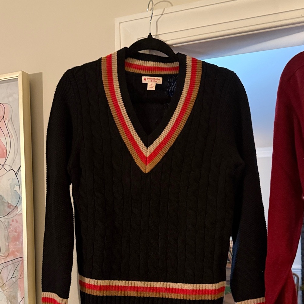 Brooks Brothers Black V-Neck Merino Wool Sweater with Red and Cream Accents